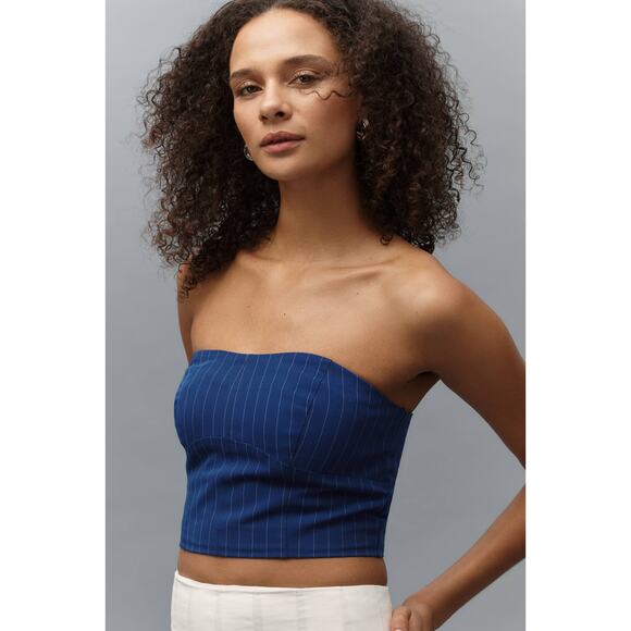 NWT Anthro Walter Baker Tanvi Strapless Bustier Top in Royal Blue Pinstripe,M - Picture 1 of 8